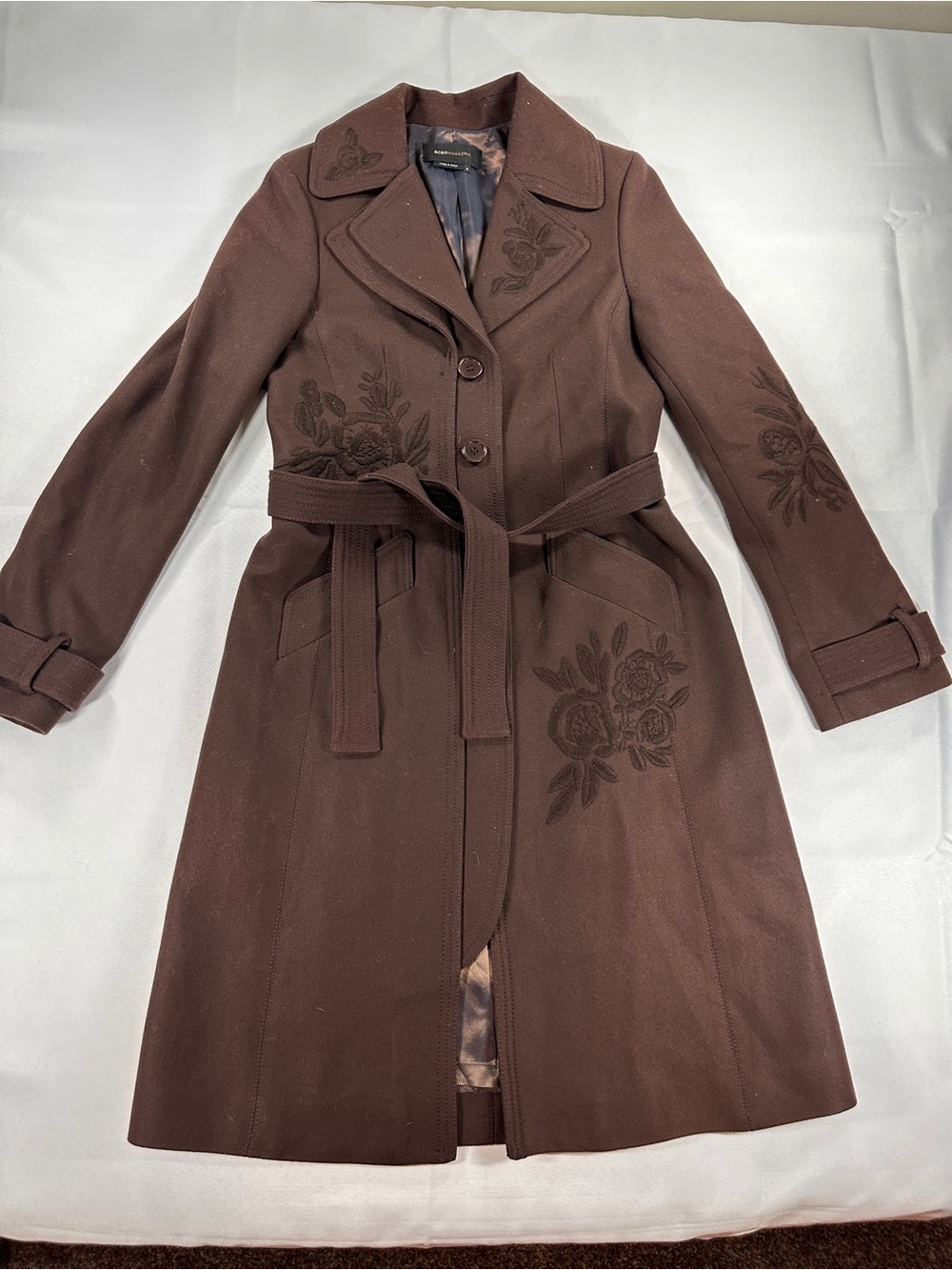 BCBGMAXAZRIA Brown Wool Embroidered Belted Coat S